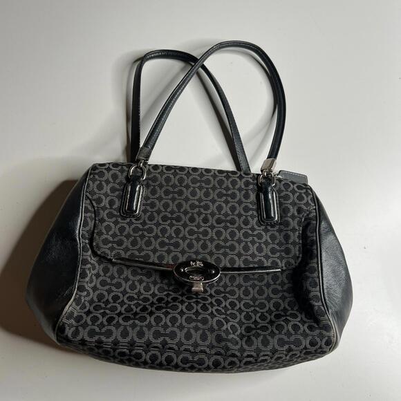 COACH Signature Black Jacquard Tote Shoulder Bag w/ Leather Trim & Turnlock